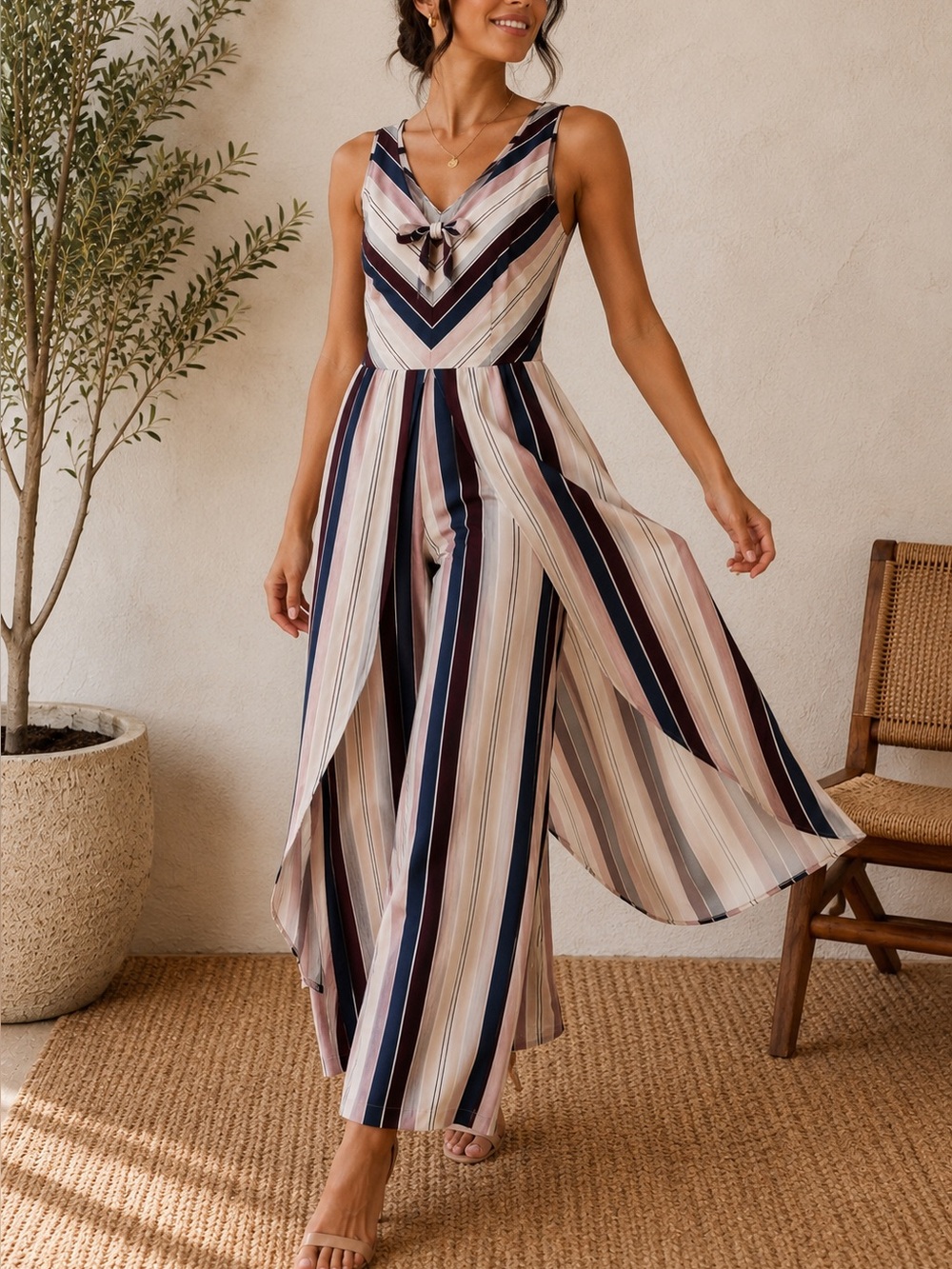 Xhilaration Striped Tie Front Wide Leg Jumpsuit Dress Overlay Medium